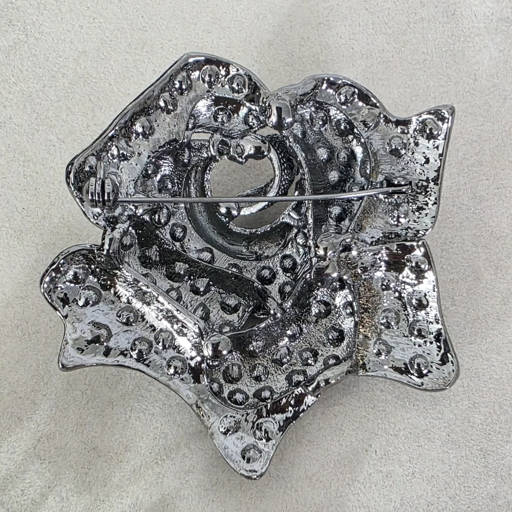 Vintage Oxidized Silver Rose Flower Brooch Pin Purple Blue Rhinestone
